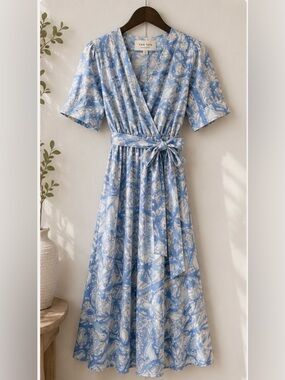 YanYan Blue and White Floral Wrap Midi Dress